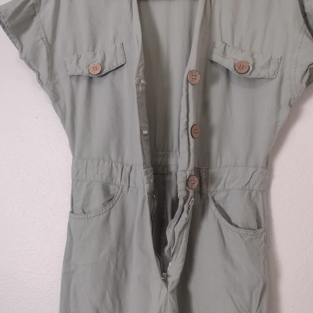 Zara Linen Cotton Short Sleeve Button Front Jumpsuit Green Size S